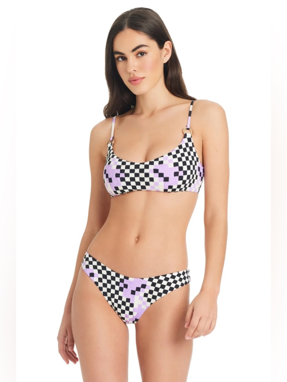 XSMALL NWT RED CARTER - GRACE CHECK ME OUT BIKINI SWIMSUIT BLACK WHITE LILAC - Picture 8 of 8